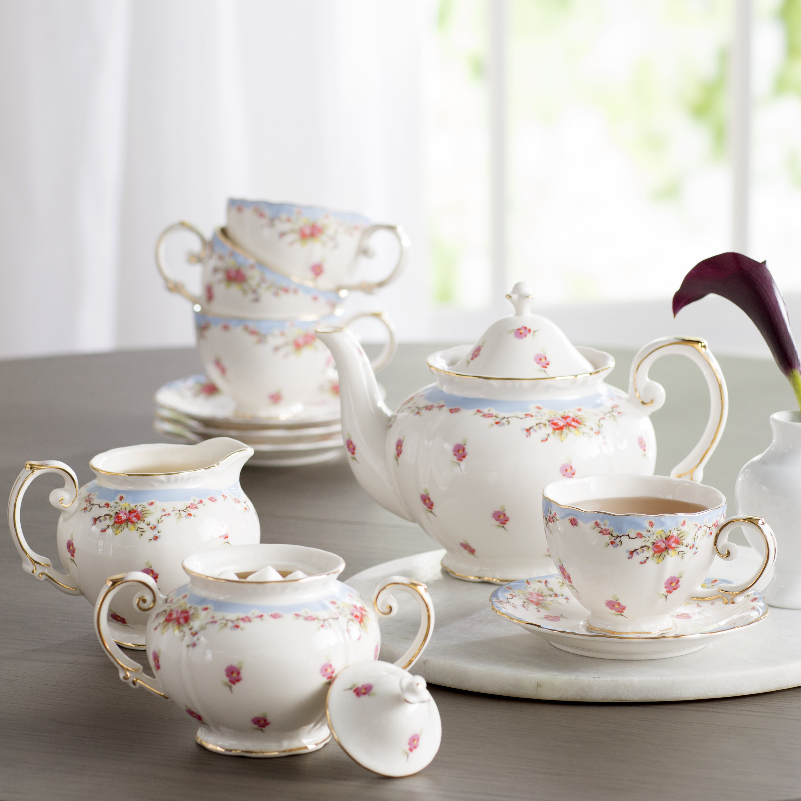 Rose outlet with Blue Accents Fine Porcelain 11 Piece Tea Set